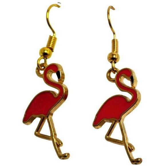 Pink Flamingo Earrings  Enamel Dangle Drop Hook - Picture 1 of 4